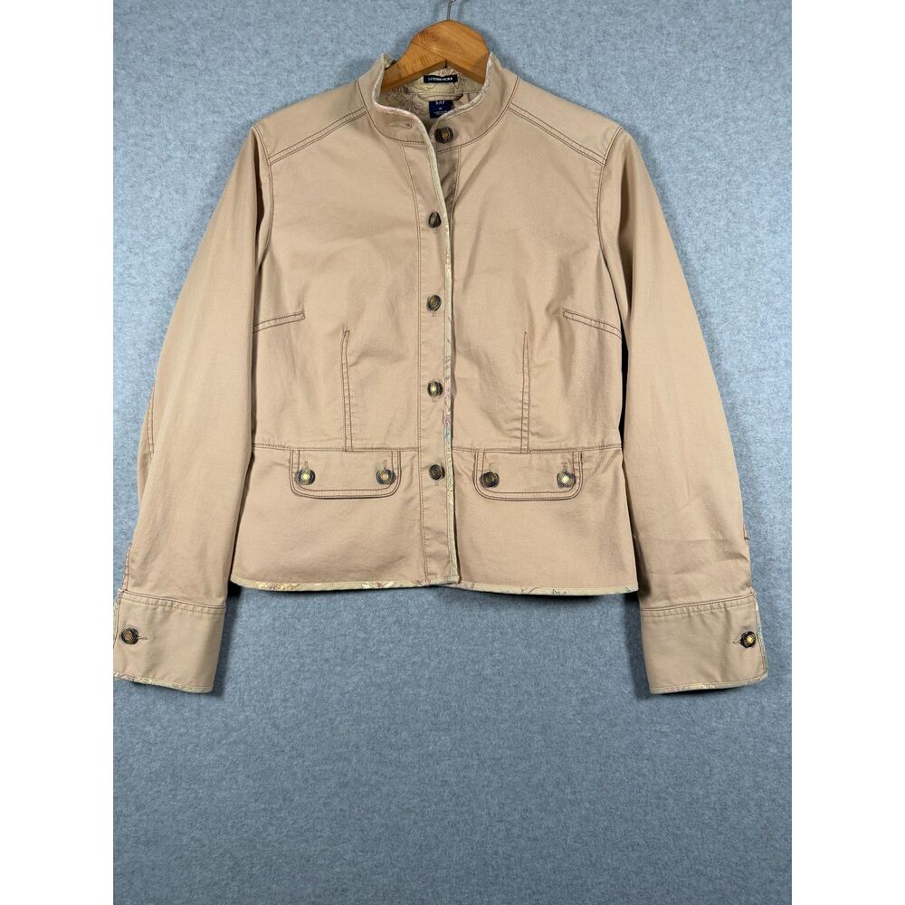 Gap Stretch Women's Medium Tan Khaki Floral Trim Utility Jacket Y2K 3976